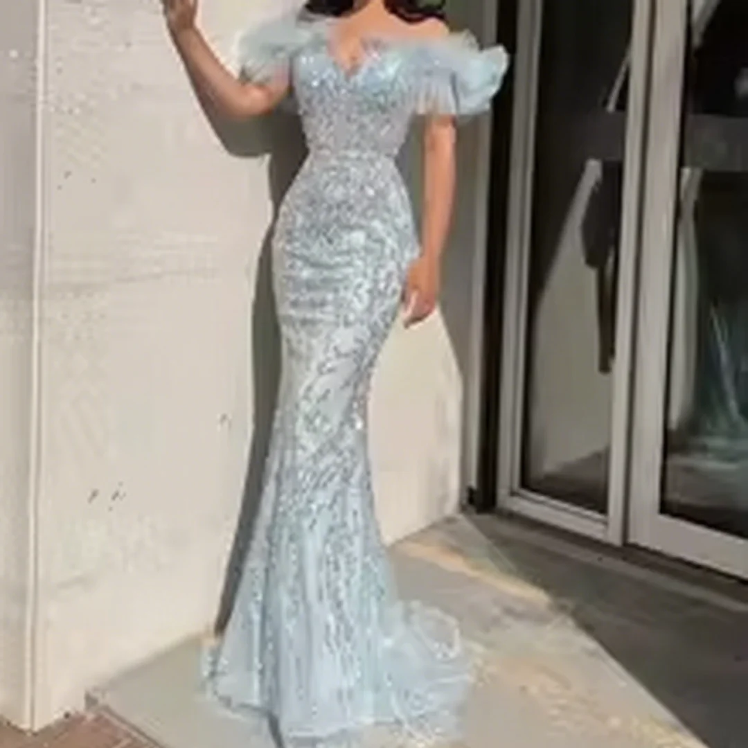 

Customized beaded sequin short-sleeved floor-length women's evening dress formal evening dresses party prom gowns