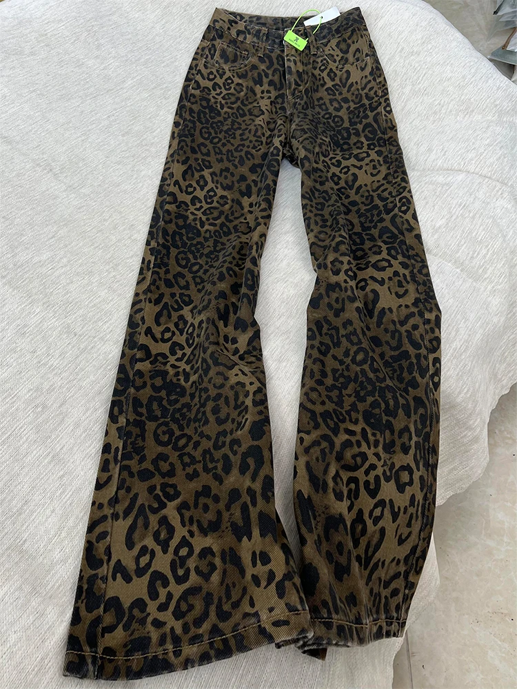 سروال نسائي لخريف وشتاء 2025 Kpop الجرونج الشرير بطبعة الفهد من قماش الدنيم مضيئة سروال منخفض الارتفاع جان Y2k Harajuku جرس سفلي ملابس خروج جديدة #1