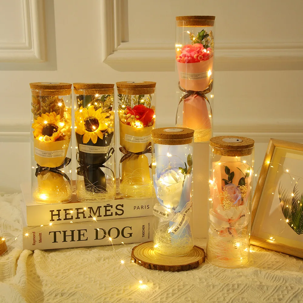 

8x24 см консервированные свежие цветы светящаяся стеклянная крышка сушеные цветы готовый подарок для мамы подруги креативный подарок домашний декор