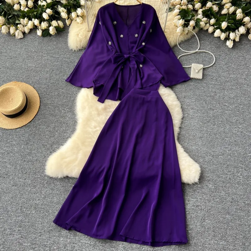 Fashion New Solid Chic Women Skirts Suit Elegant Casual Loose Shirts Blouses A-Line Saya Two Pieces Set Female Clothes Outfits