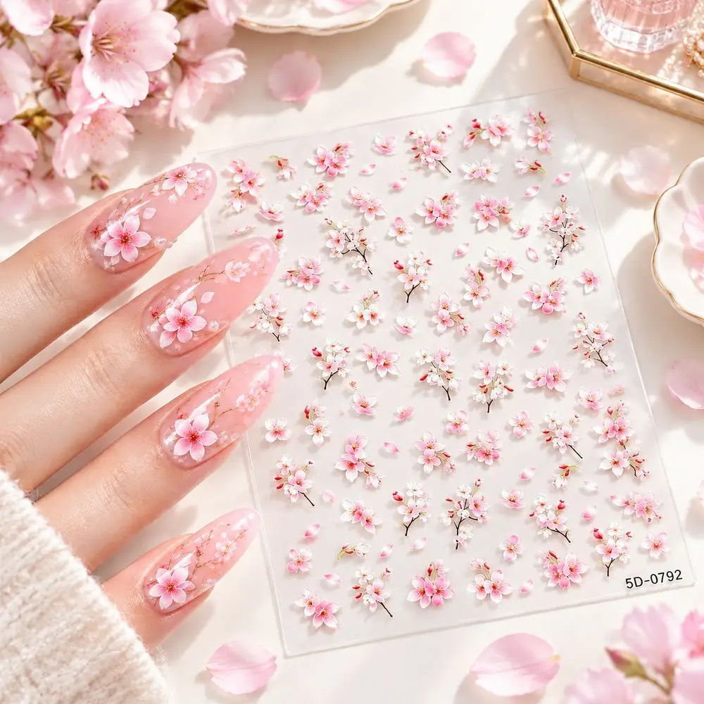 1Pc Embossed Self-Adhesive Delicate Sakura Nail Sticker Blossom Cluster Floral Decal Spring DIY Manicure Nail Art Decor Supplies