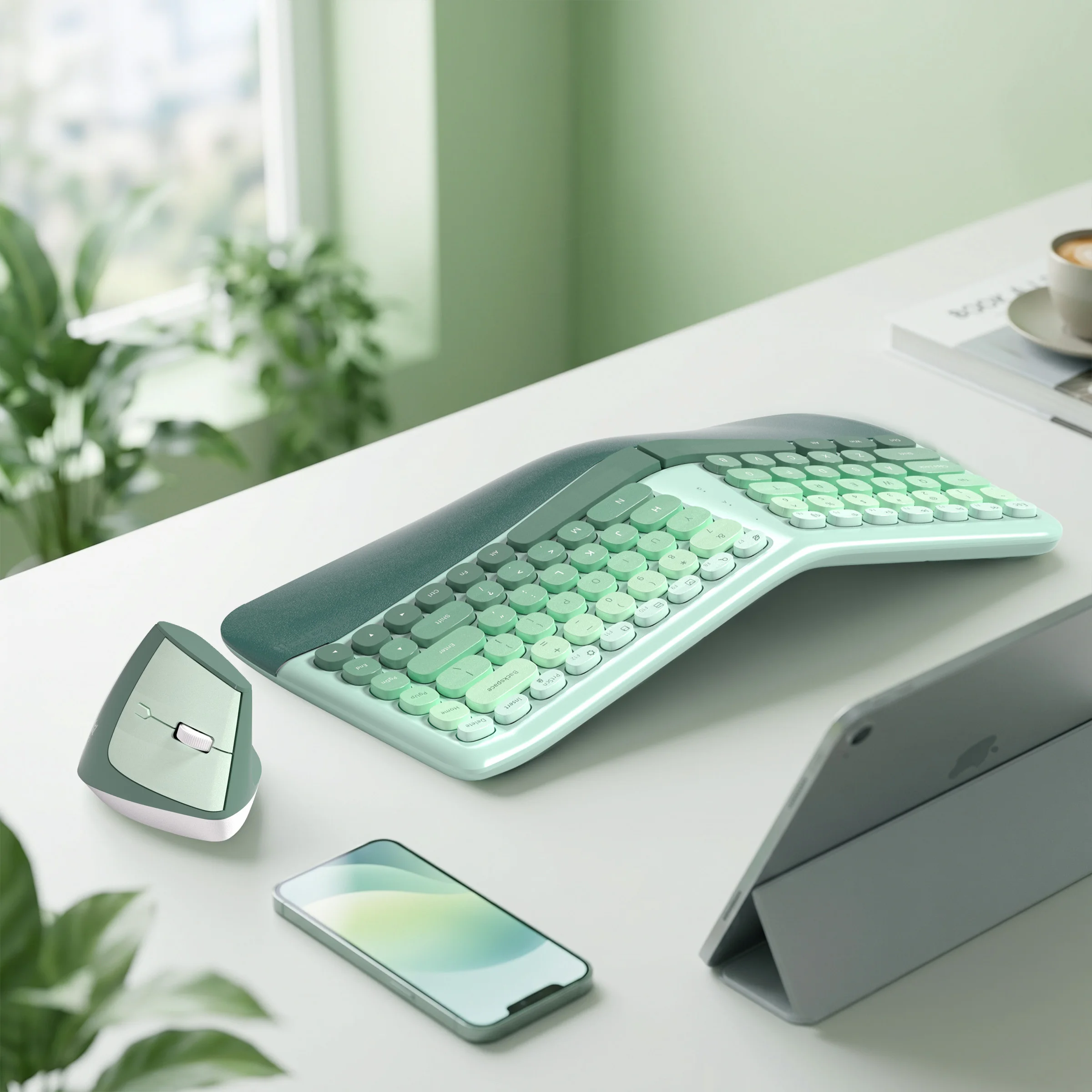 MOFii 707 Gradient Green Ergonomic Wireless Keyboard Mouse Combo, 2.4G Split Arch Keyboard, Vertical Mouse for Office Work