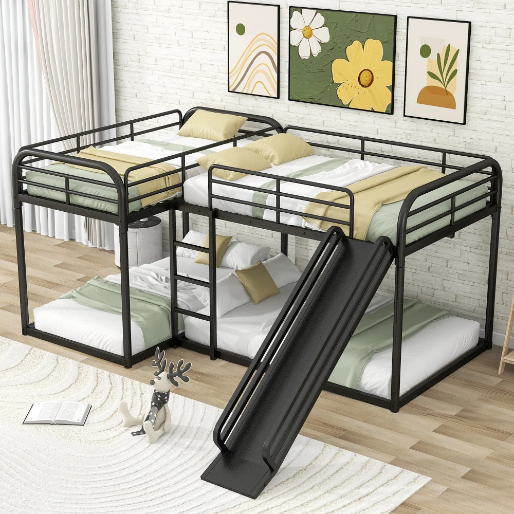 Full and Twin Size L-Shaped Bunk Bed with Slide and Short Ladder, White Bunk Bed with Slide Bunk Beds Cama Para Niña Kids Bed US