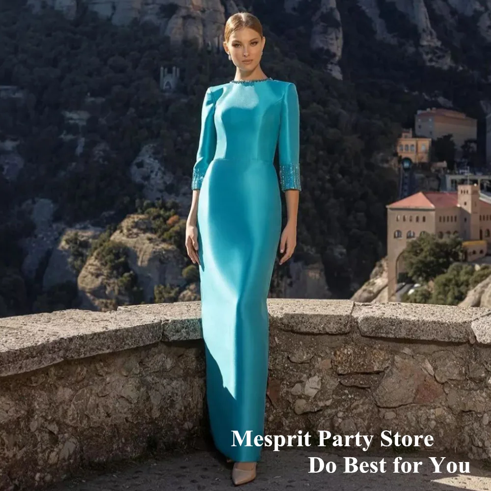 Sky Blue Evening Dress 3/4 Sleeves Round Neck Beading Stones Ankle Length Satin Mermaid Prom Gown Saudi Arab Party Dresses