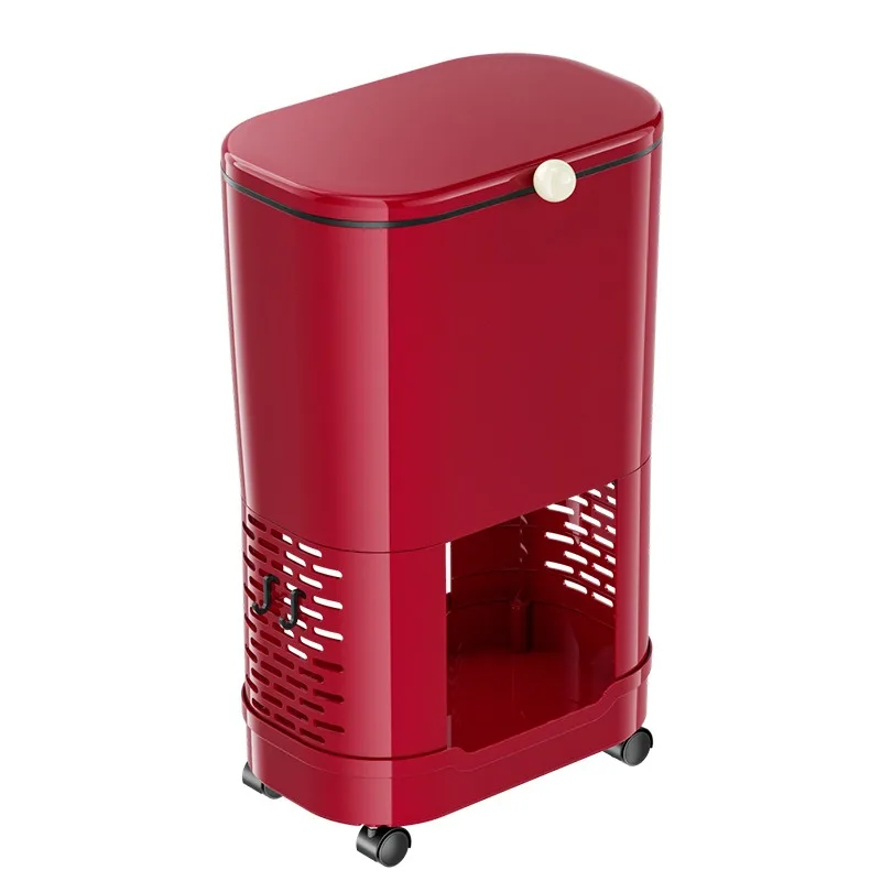 New 2026 Kitchen Trash Can, Double-Layer Movable Bin with 90° Open Lid and Storage Rack