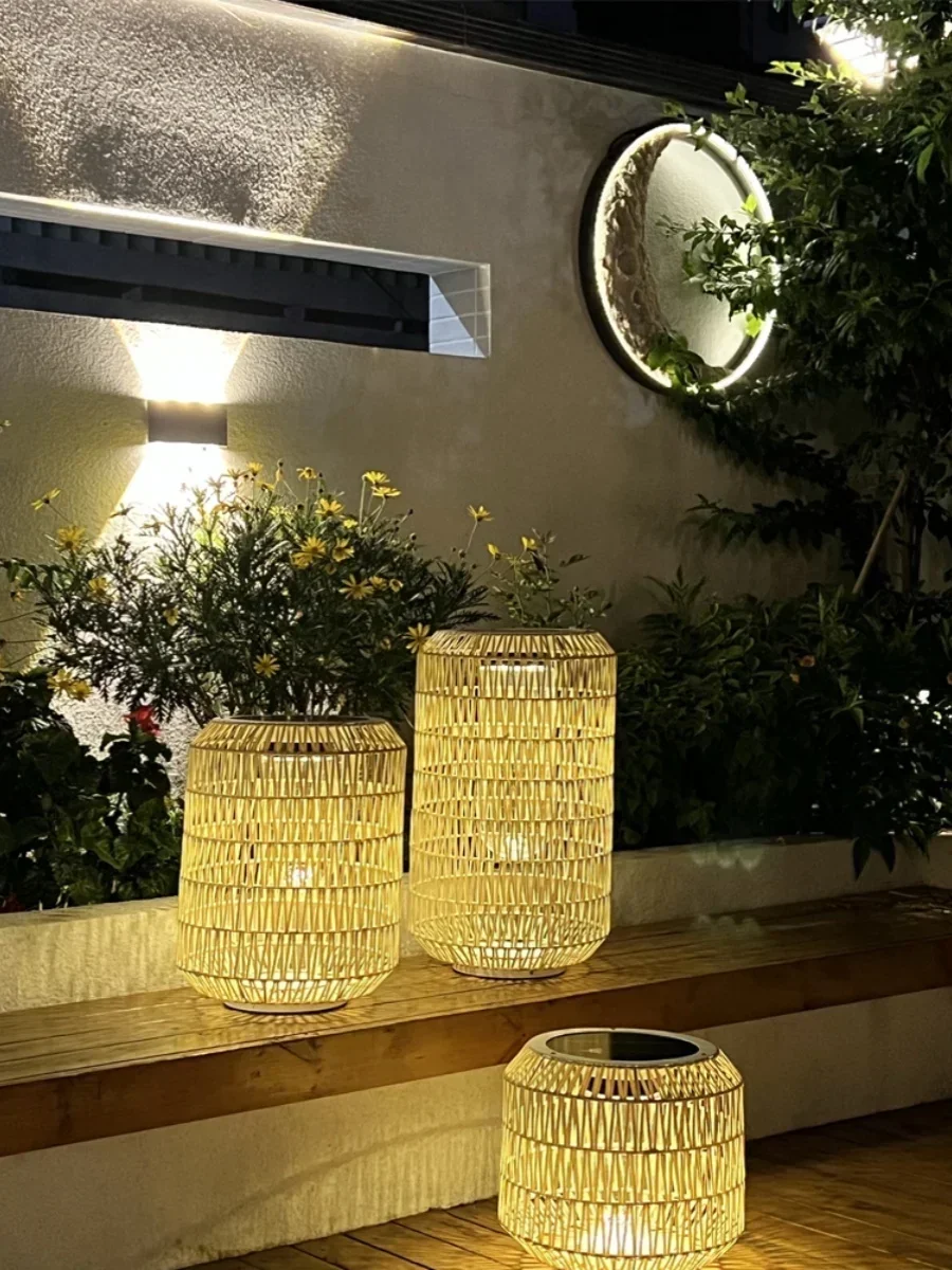 Luz solar do gramado ao ar livre lâmpada de assoalho rattan villa pátio à prova dwaterproof água comunidade jardim homestay paisagem