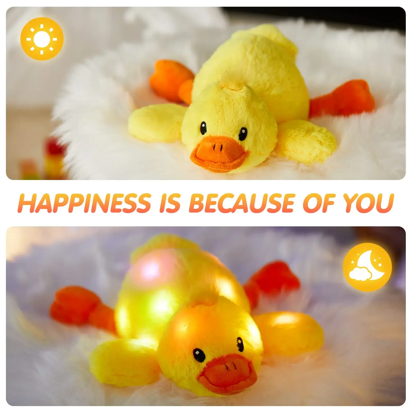 34cm Lying Yellow Duck Doll Stuffed Animal Doll Toys with LED Light-up Musical Cute Duck Plush Toys Glow Singing Gift for Girls