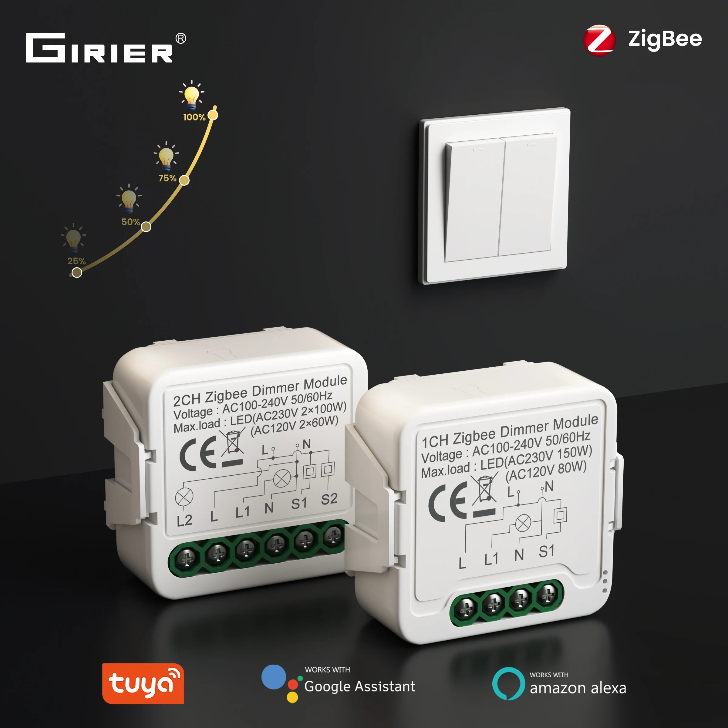

GIRIER Tuya Smart Dimmer Switch Module ZigBee Breaker Relay for Dimmable Bulb Supports 2-way Control Works with Alexa Hey Google