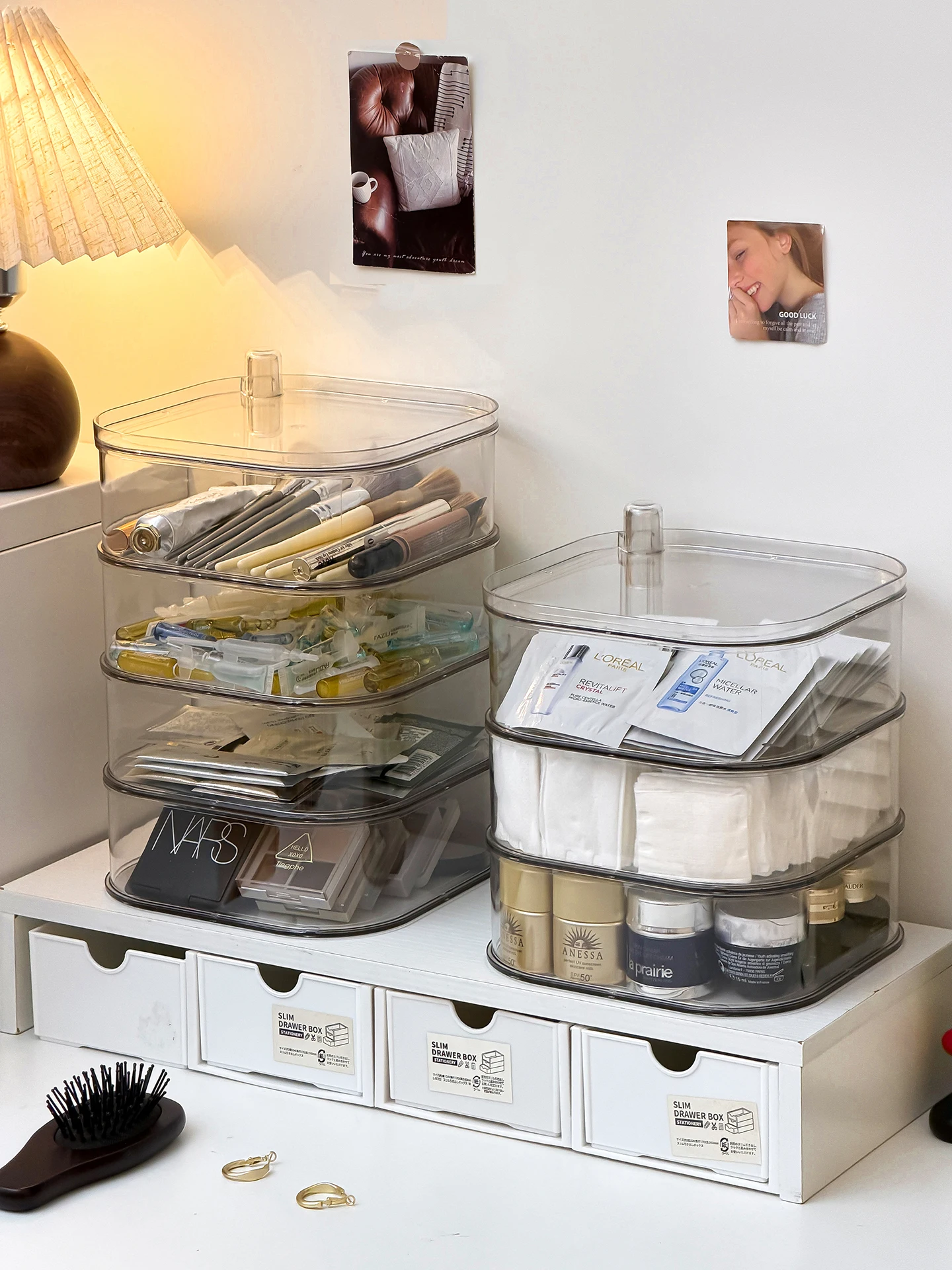 

Многослойный вращающийся органайзер для косметических пробников, прозрачный пластиковый квадратный контейнер для хранения на рабочем столе