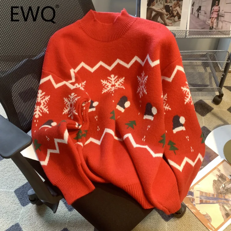 EWQ Christmas Print Long Sleeve Mock Neck Pullover Sweater Loose All-match Casual Women Red Knit Jumper 2024 Winter New 27X1970