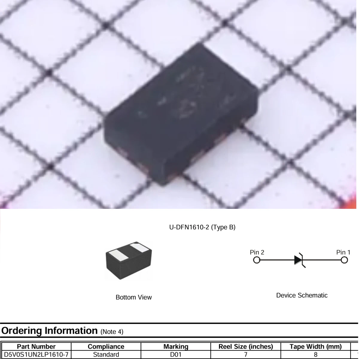 D5V0S1UN2LP1610-7 Marking D01 U-DFN1610-2 UDFN16102 NEW Original 5VWM 7.4V 120A@8/20us 5.1V 1 CHANNEL HIGH SURGE ESD TVS DIODE