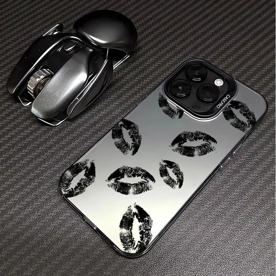 Black Red Lips Art Colored Silver Case for Apple iPhone 11 13 15 Pro Max 12 14  XR X XS Shockproof Protective Phone Cover Shell