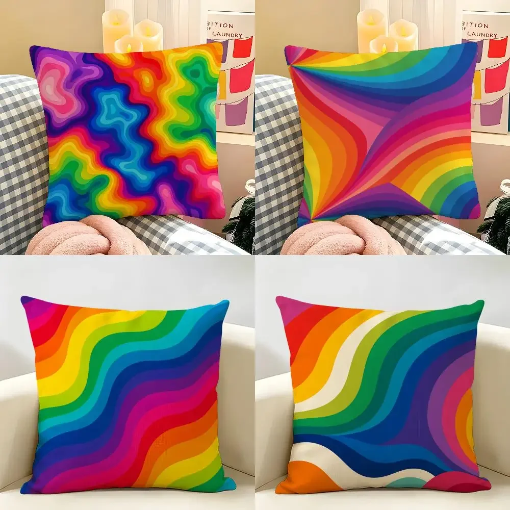 Abstract Colorful Bright Rainbow Cushion Cover Natural Linen Fabric Double-Sided Printing Breathable Perfect For Home Decor