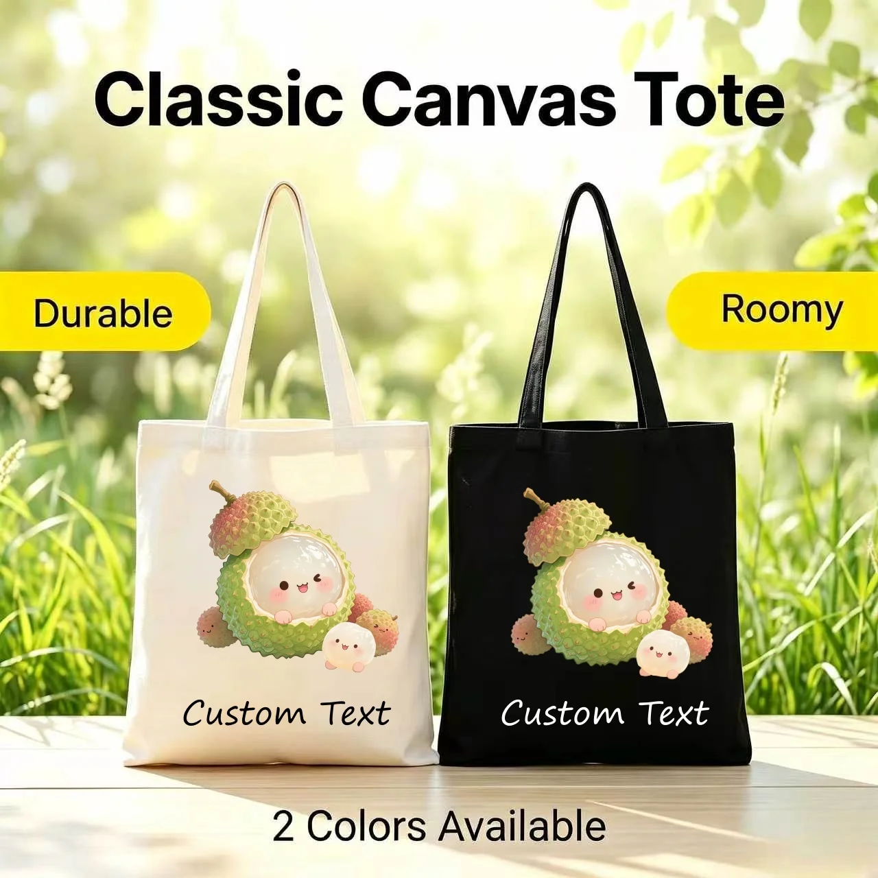 1PC Custom Text Canvas Tote Bag, Cute Cartoon Lychee Fruit Character Print Eco‑friendly Reusable Casual Shoulder Shopping Bag