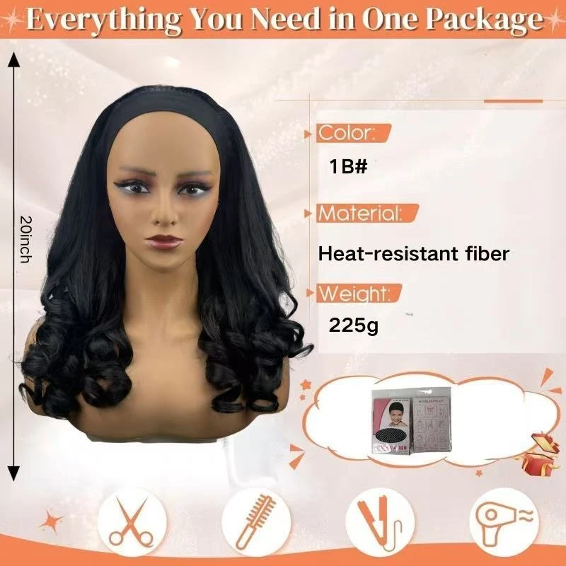 European and American fashion high-temperature black curly hair women's African ice silk headband yaki wig - view 2
