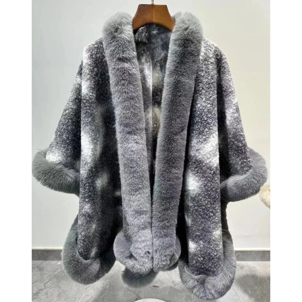 2024 Winter Women Long Faux Fur Collar Granular Velvet Poncho Cape Thick Cardigan Overcoat Loose Shawl Cloak Bat Type Streetwear