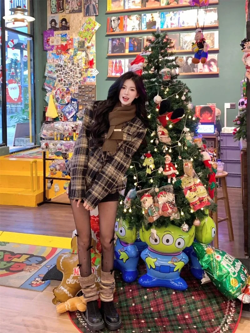 

Fashion Plaid Suit Jacket 2025 Women's Autumn New Style Slim Fit High Waist Waist Bag Hip Half Skirt Two-piece Set