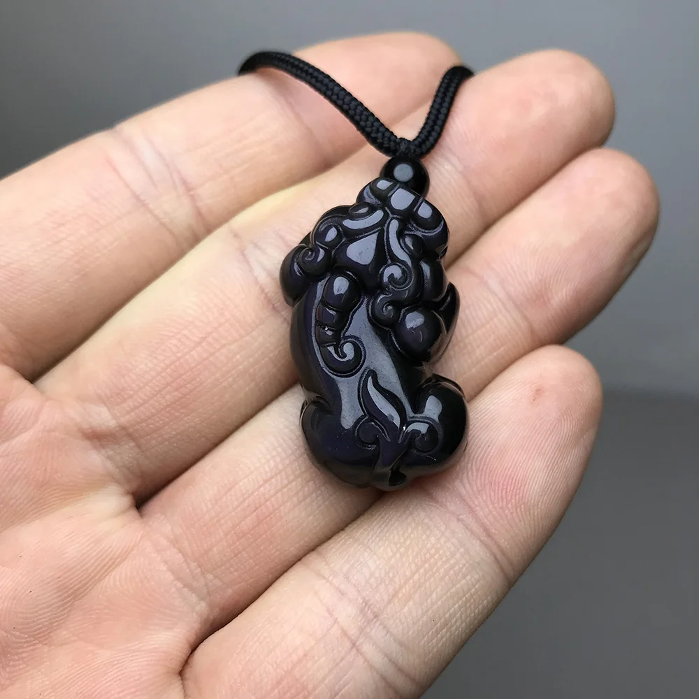 Kalung Obsidian alami liontin Piyao kalung rantai untuk pria wanita jimat penyembuhan perhiasan