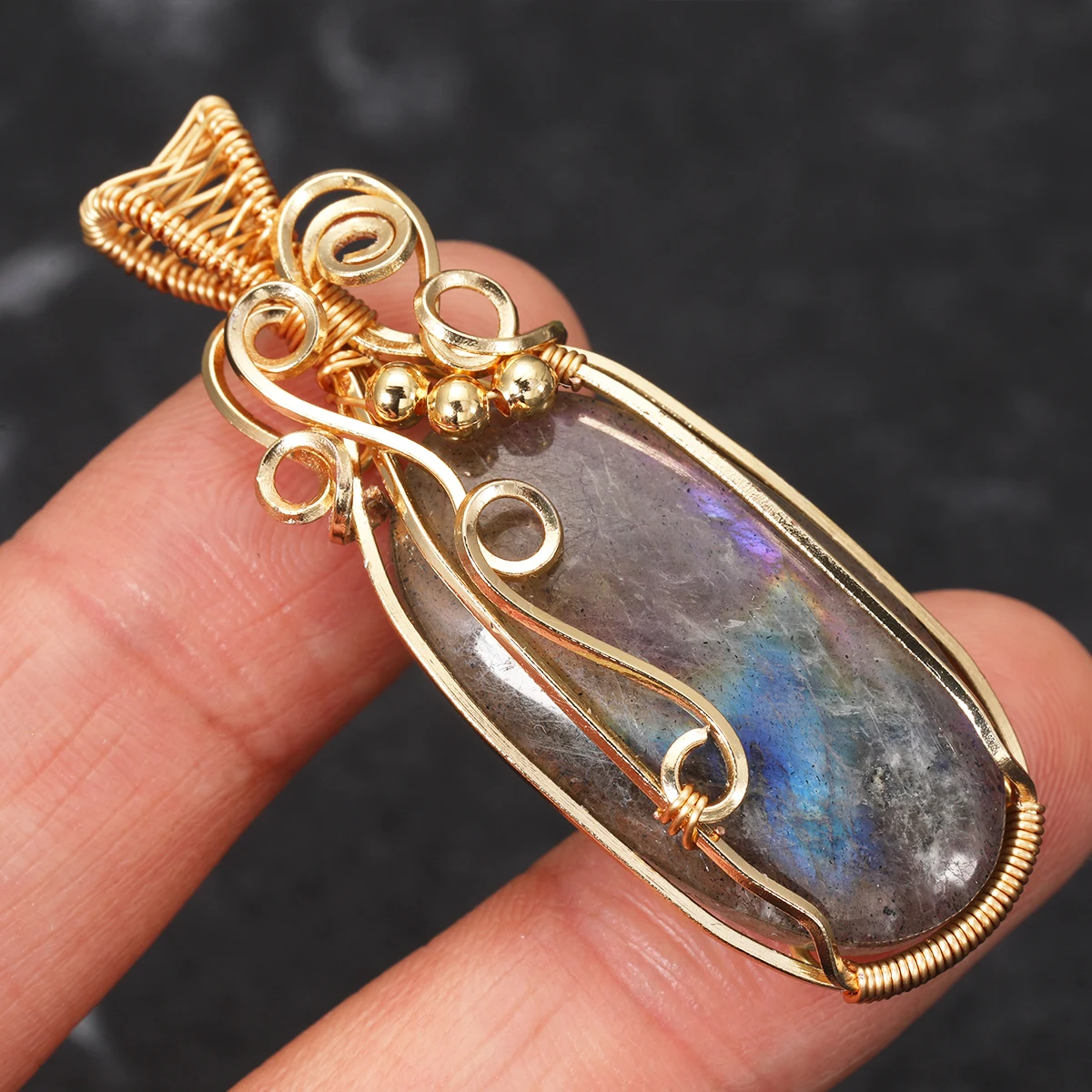 Damen Labradorit Regenbogen-Edelstein-Anhänger Kupferdraht-Umwickelter Labradorit-Schmuck Labradorit-Halskette mit Kette und Box – Detail 4