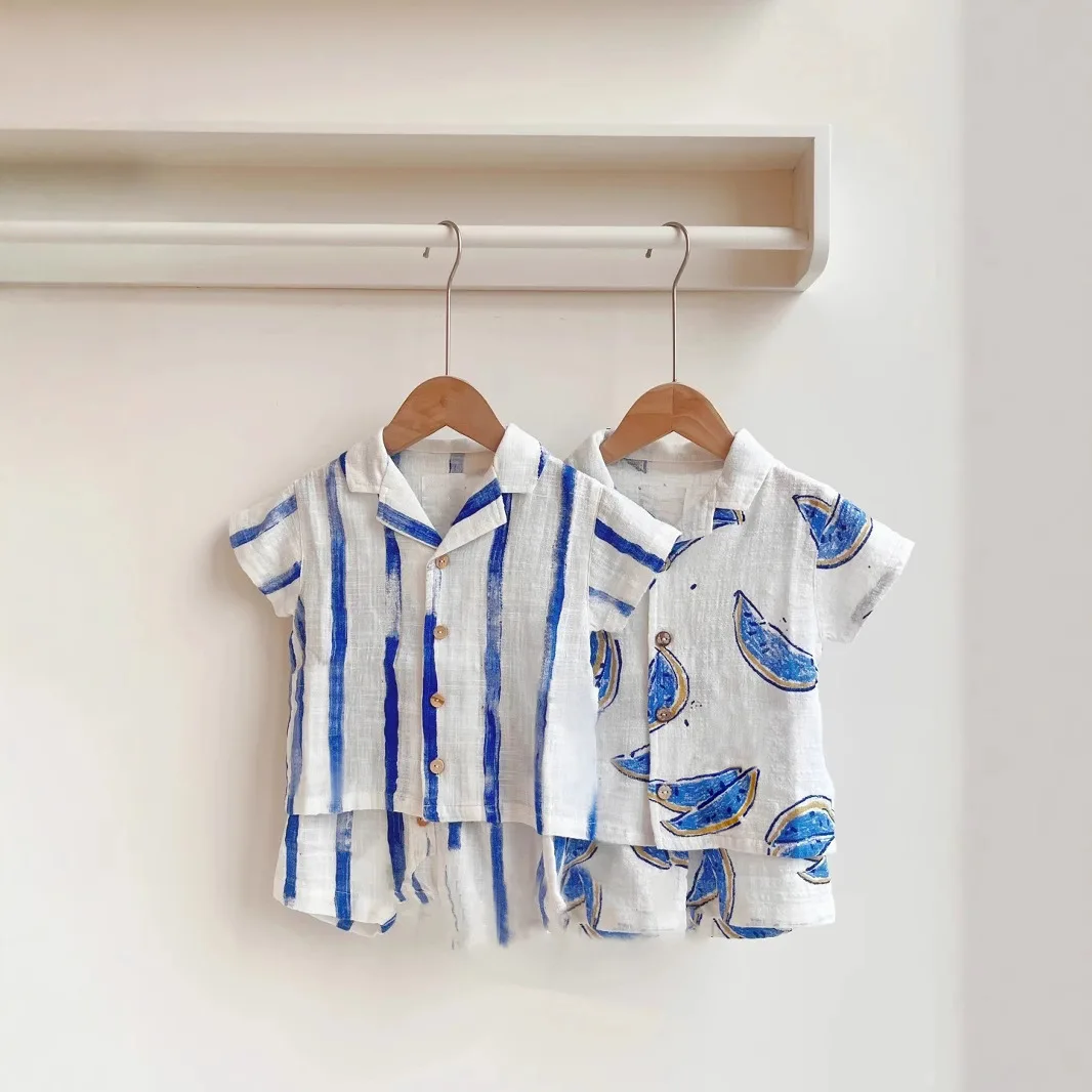 Children's Suit Polo Collar Short-sleeved Shorts Summer New Striped Fruit Pattern Boys Top