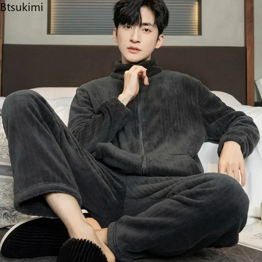 2025 Men's Thicken Warm Pajamas Sets Flannel 2 Piece Sets Sleepwear Male Autumn Winter Home Suit Soft Nightwear Pijama Loungewer