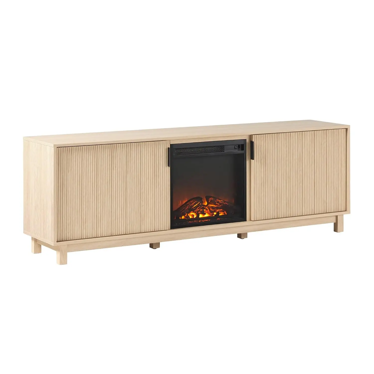 Reeded TV Stand with Electric Fireplace & Storage, 70 Inch Media Console Cabinet, Coastal Oak, Customized