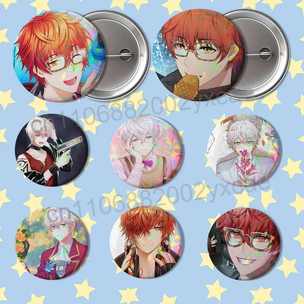 Mystic Messenger Saeran Choi 707 Reflective Pin Tinplate Round Brooch Cartoon Cosplay Badges for Bag Hat Toys Gifts