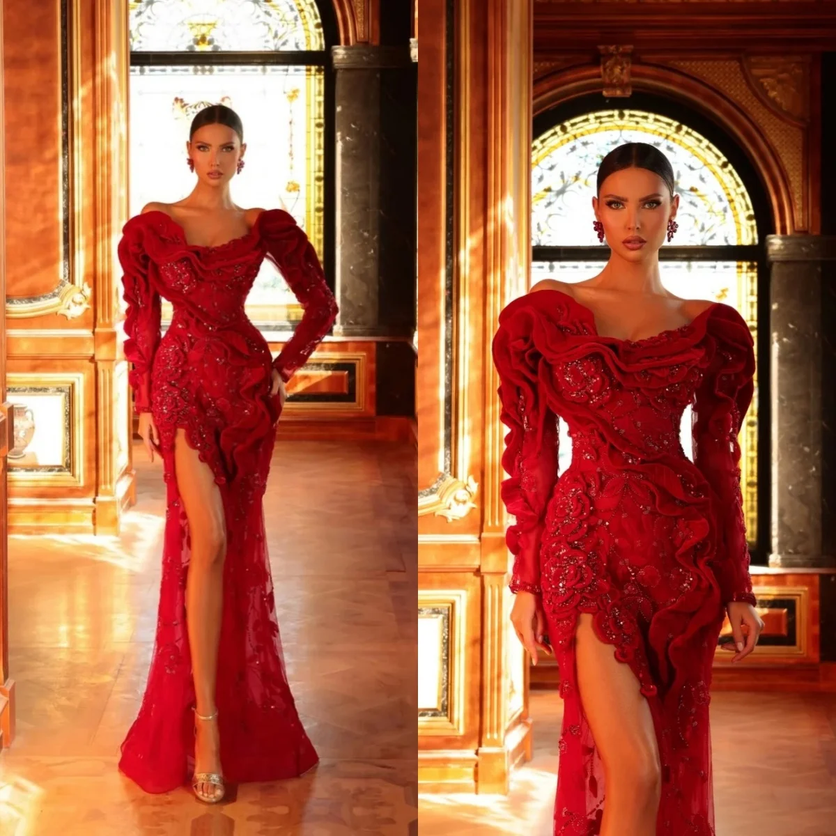 

Fashion Evening Dresses 3D Floral Appliques Prom Dress Off Shoulder Split Long Sleeve Customized Party Gowns Vestidos De Noche