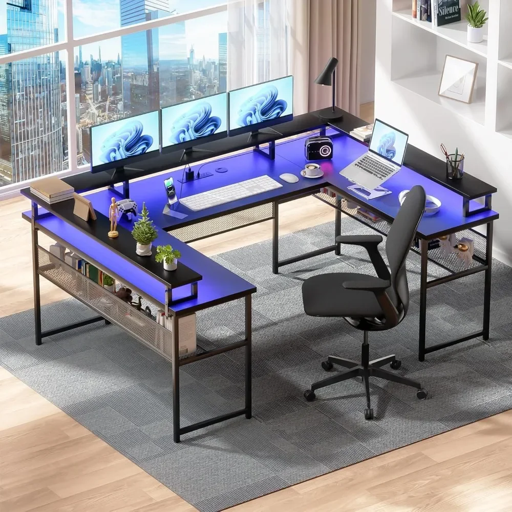 83 Inch Computer Desks with Full Monitor Stand and Storage Shelves, LED Strip and Power Outlets, Reversible U- Shape Office Desk