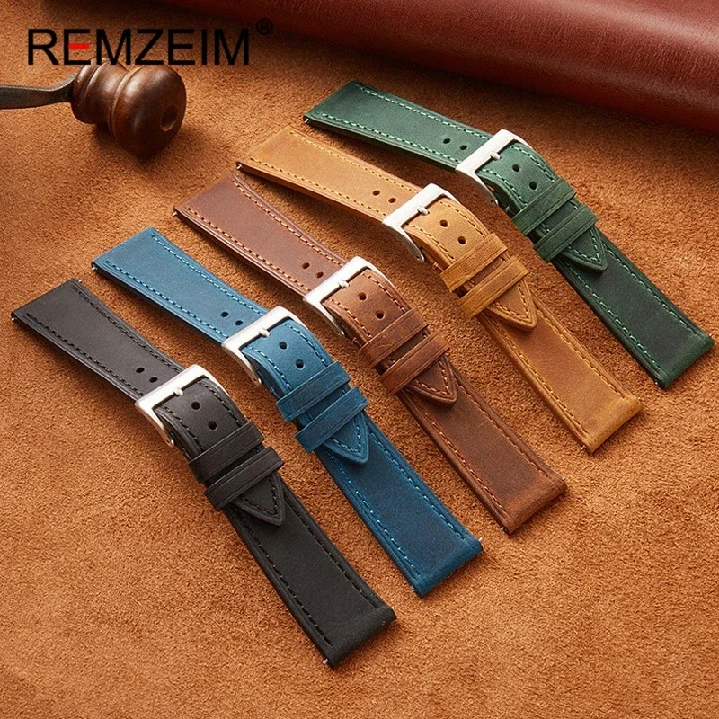 Crazy Horse Leather Watchband 18mm 20mm 22mm Vintage Wrist Straps Top Layer Cowhide Quick Release Replace Watchband