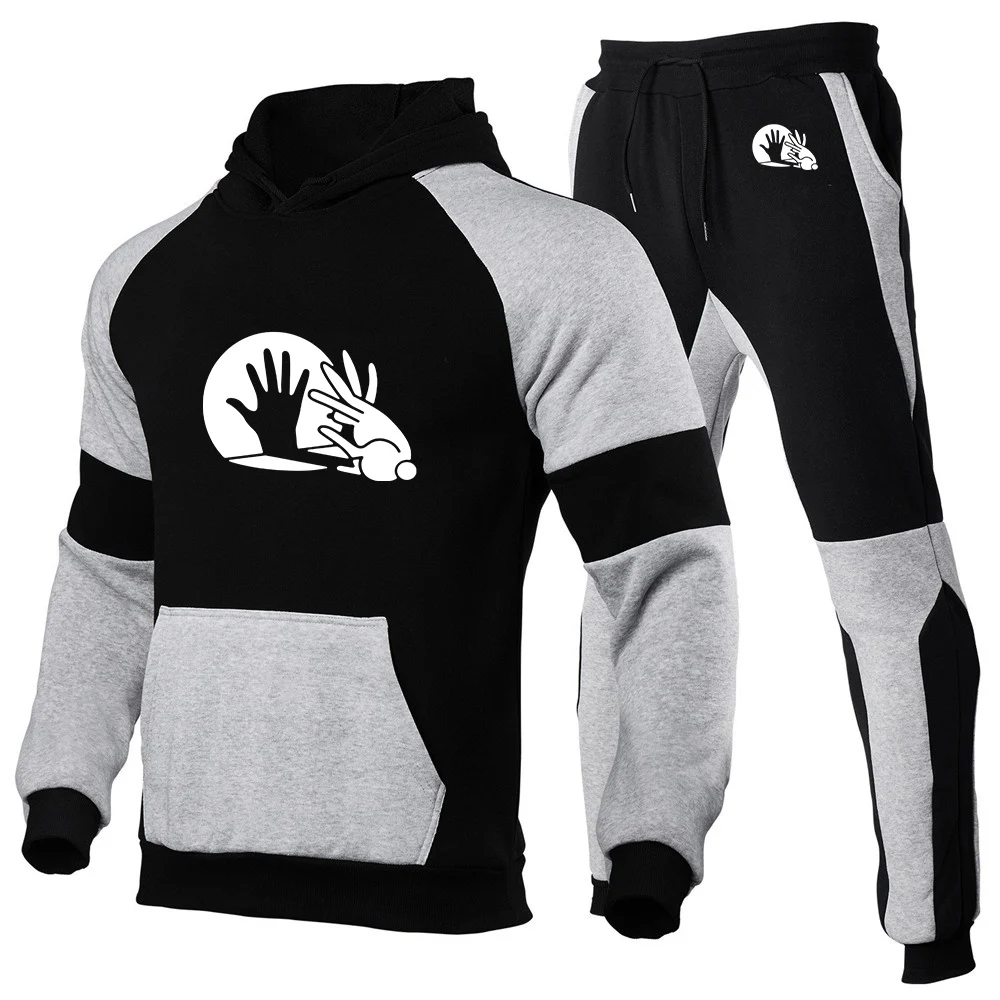 

Funny palm shadow 2026 Men's New Patchwork Color Set Spring And Autumn Warm Casual Hoodie + Sports Pants Harajuku Suit