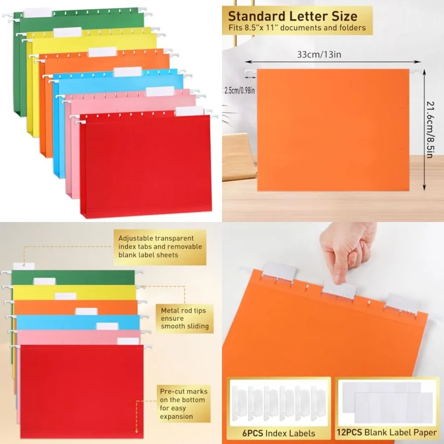 

Azureal Hanging File Folders 6 Pack Letter Size with 1/5-Cut Adjustable Tabs in 6 Pastel Colors for Efficient Document Form and