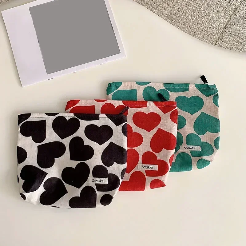 Japanese Style Heart Printed Cosmetic Bags for Women Corduroy Large Makeup Bags Organizer Travel Handbags Toiletry Wash Bags