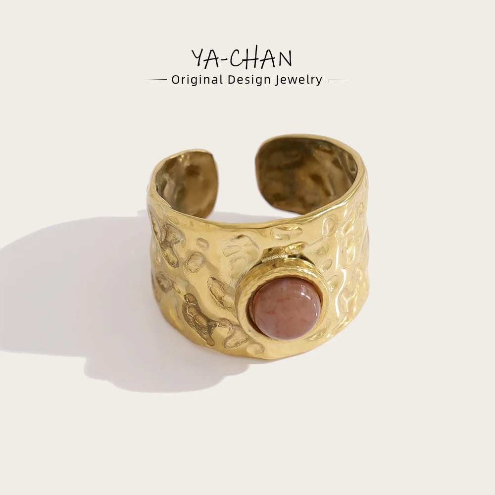 YACHAN Vintage Hammered Texture Stainless Steel Rings for Women Chic Natural Stone Charm 18K Gold Plated Trendy Jewelry