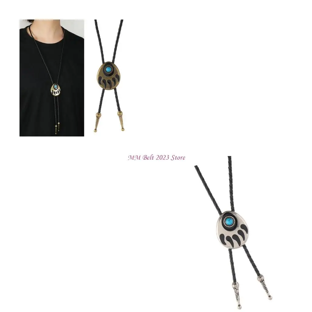 

49ME Adjustable Leather Cord Bolo Tie With Turquoises Accent Bear Claw Charm Necklace Necktie For Country Weddings Or Office