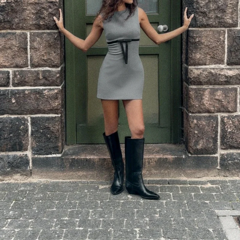 Vestido de Mujer de Otoño, Cuello Redondo, Sin Mangas, con Lazo de Mariposa, Sensación de Seda Satinada, Estilo Francés, Fald...