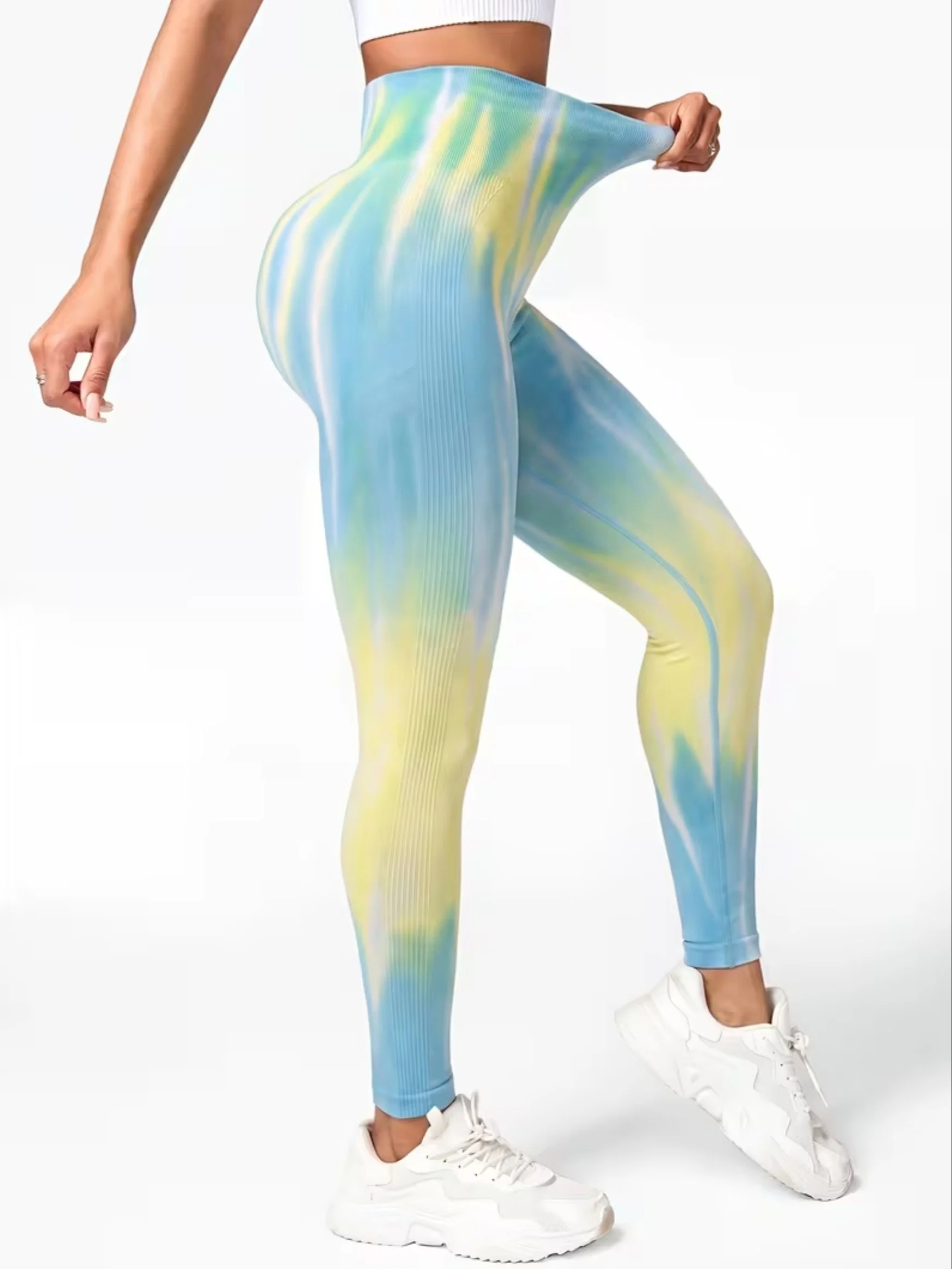 Women Mid‑Rise Fleece Lined Leggings Blue Yellow Gradient Tie‑Dye Scrunch Butt Slim Stretchy Workout Yoga Pants