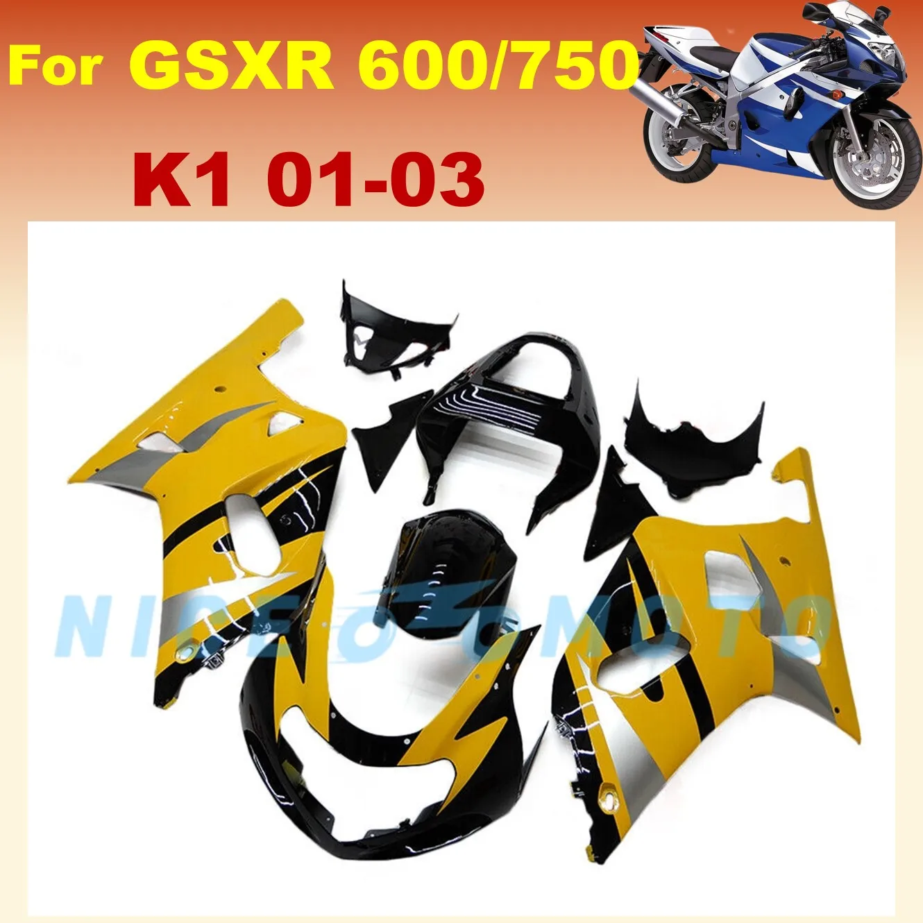 Yellow Grey Motorcycle Bodys Kit For Suzuki GSXR600 2001 2002 2003 Fairing kit gsxr750 gsxr 600 K1 01 02 03