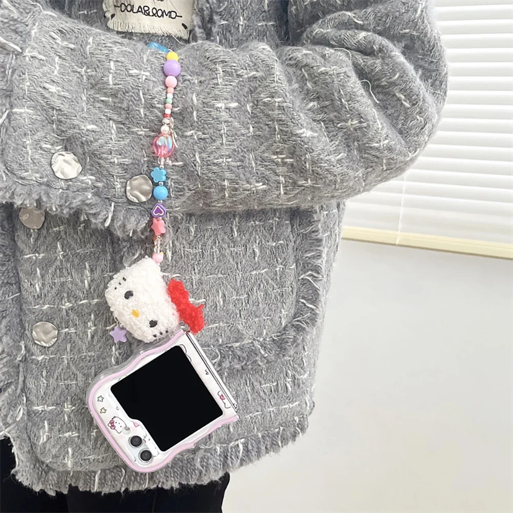 Cartoon Sanrio Hello Kitty with Plush Bracelet Phone Case for Samsung Galaxy Z Flip 3 4 5 5G PC Hard Anti-drop Back Cover Funda