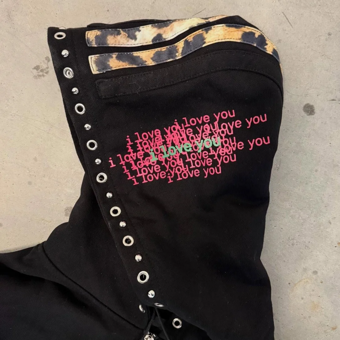 เสื้อฮู้ดลายเสือดาว Y2K แบบมีซิป สไตล์ลำลอง ทรงหลวม แฟชั่นสตรีทแวร์ เสื้อสเวตเชิ้ตพิมพ์ลายตัวอักษรสุดเทรนดี้