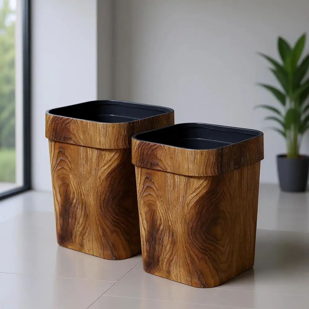 

Brown Wood Grain Square 2-Pack Trash Cans, 3.7 Gal Retro Style Wastebaskets for Bedroom, Living Room, and Bathroom.