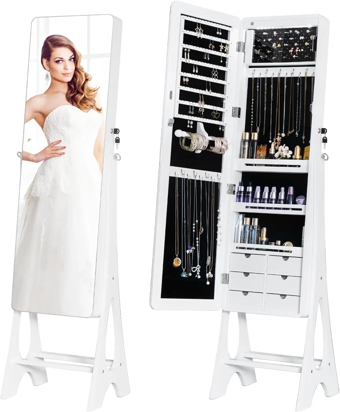 LED Lighted Lockable Standing Jewelry Armoire with Full Length Mirror White