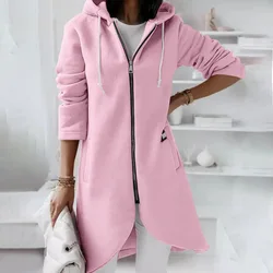 Autumn Women Long Hoodies Sweatshirt Coat Zip Up Solid Hooded Jacket Winter Casual Pockets Outwear Female Long Jackets