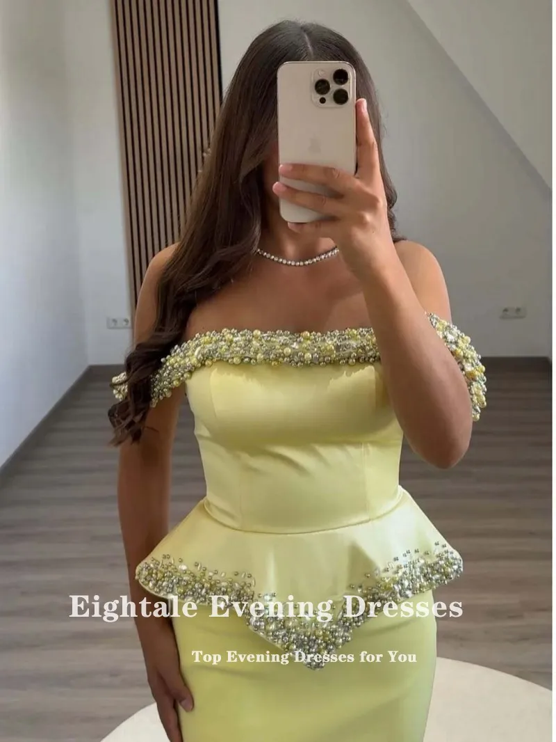 

Eightale Arabic Evening Dress Strapless Beaded Customized Satin Mermaid Floor Length Prom Wedding Party Gowns