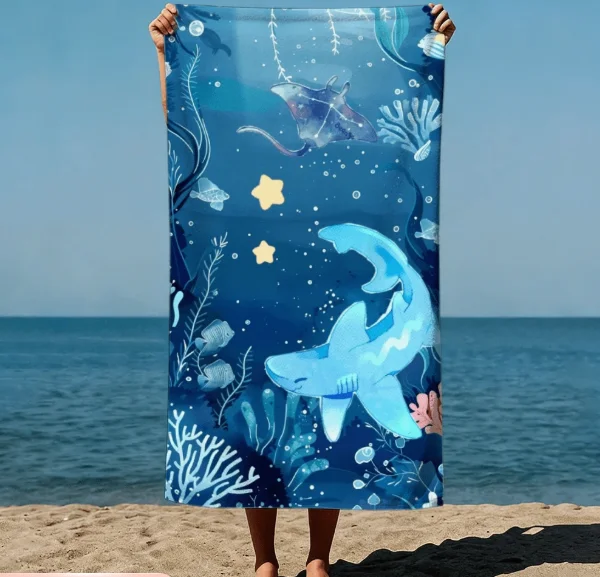 Blue Whale Ocean Theme Starfish Pattern Retro Illustration Style Beach Towel Large Sand Proof Beach Swimming Pool Travel Towel