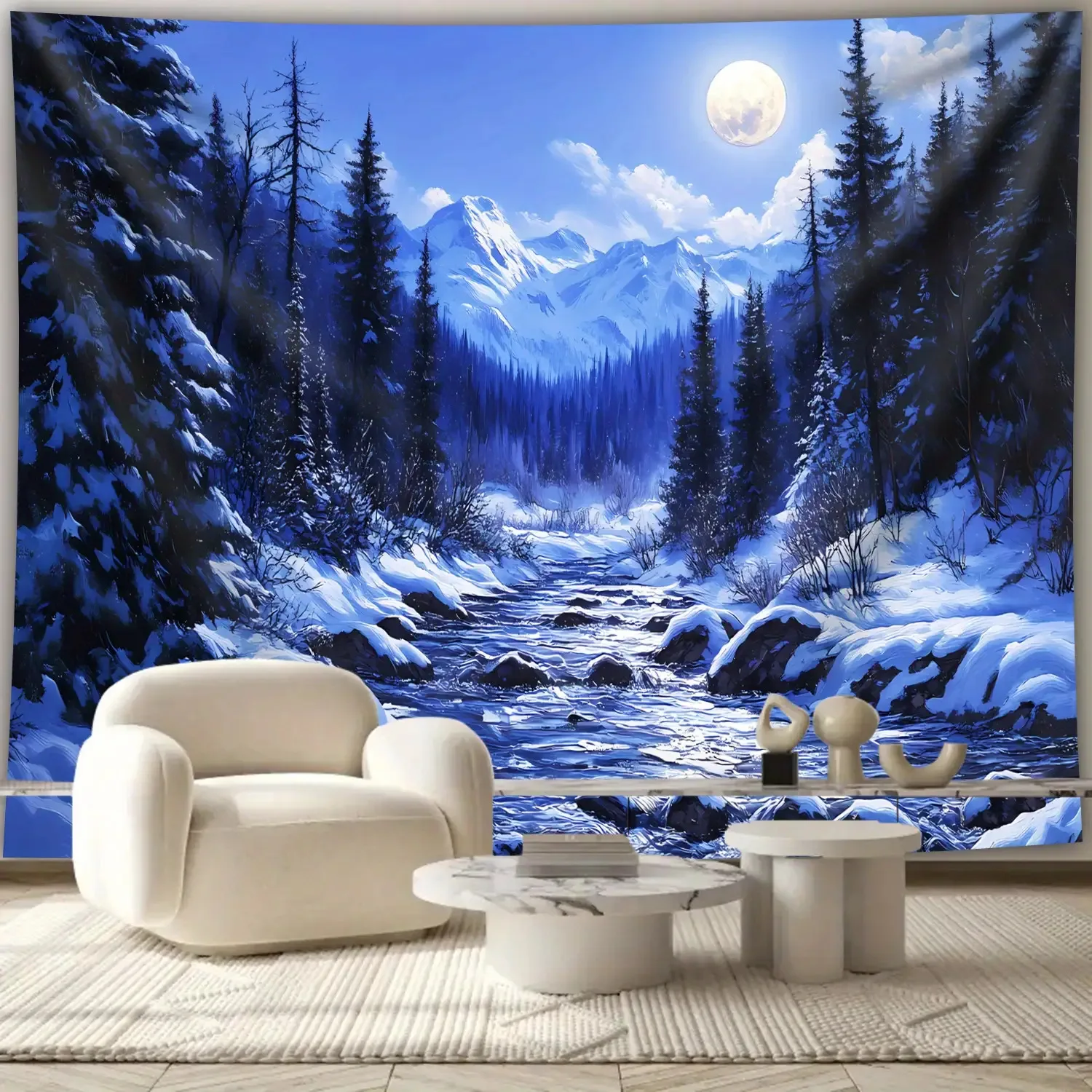 Winter Forest With Snowy Mountains Moon And River Wall Tapestry Art Decor For Boho Living Room Nature Home Interior
