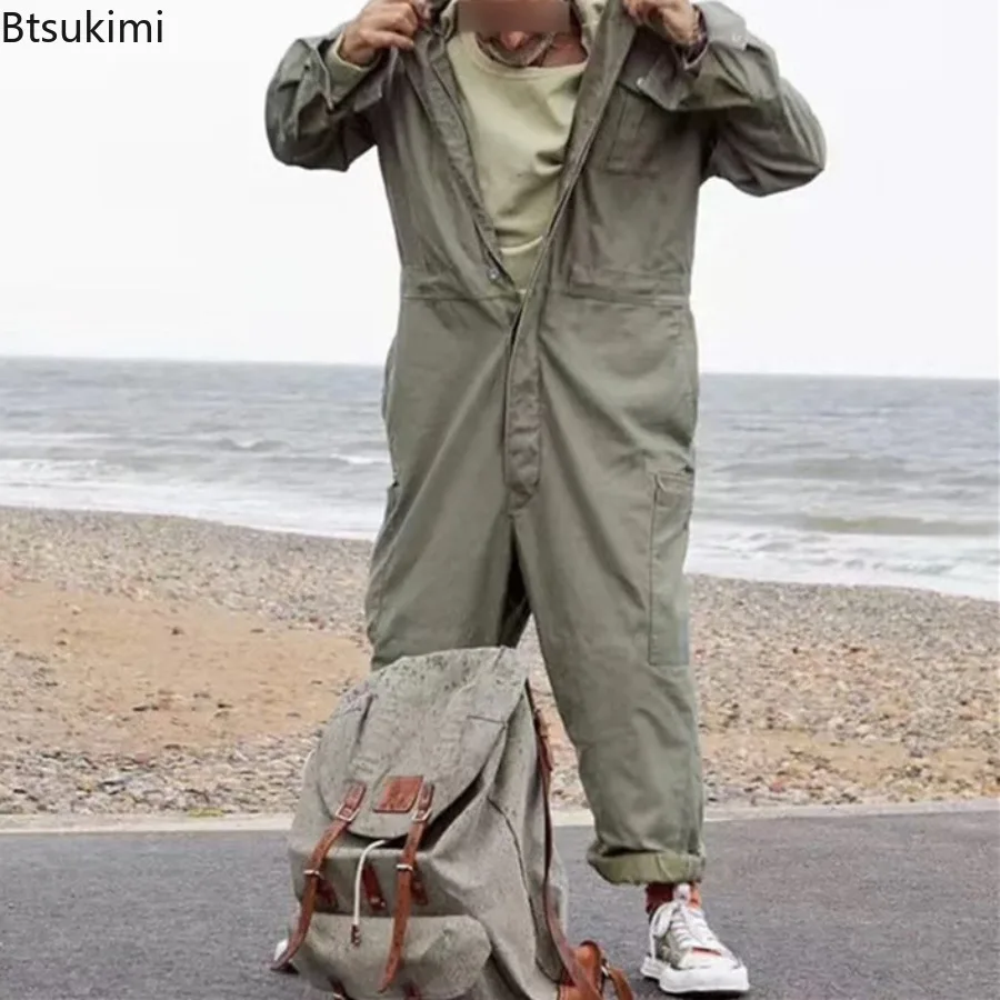 

2025 Men's Multi Pocket Workwear Jumpsuit Fashionable and Casual Loose Jumpsuit Solid Color Lapel Worker Workwear Set for Men