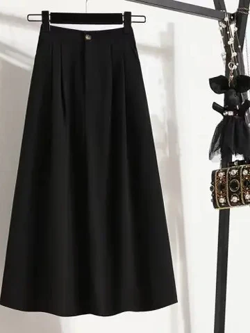 

plus Size Women's Black Slimming Umbrella Skirt Mid-Length A-Line Midi Skirt Spring Summer New Style Pure Color Half-length S...