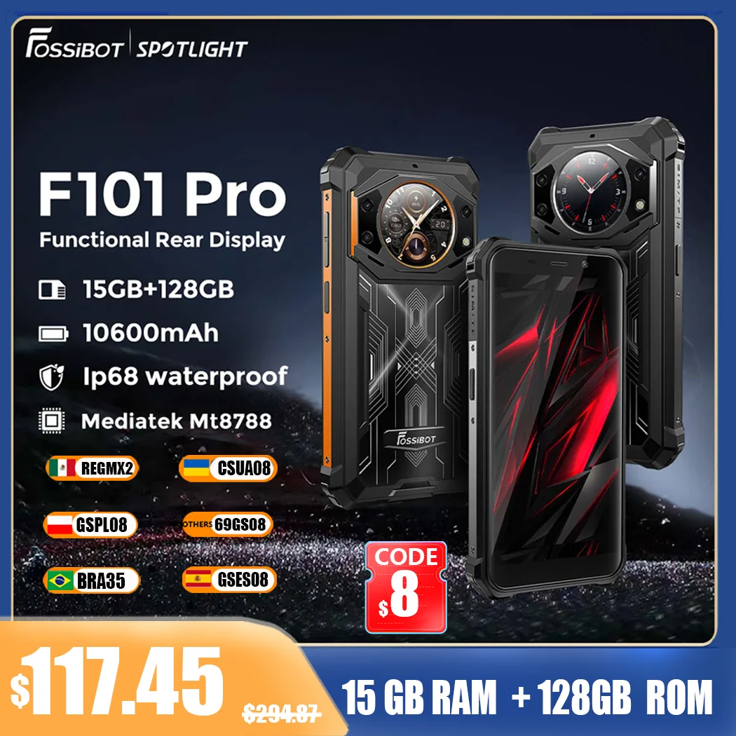 Fossibot F101Pro Rugged Smartphone 15GB+128GB Android 13 IP68 Waterproof Mobile Phone 10600mAh NFC Cell Phone Global Version