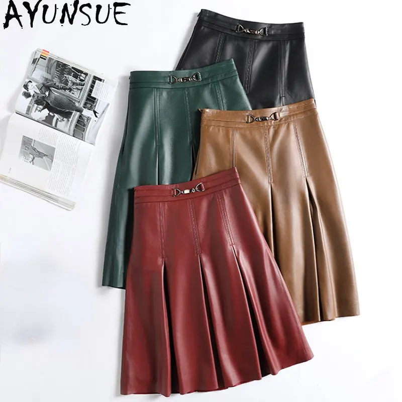 

AYUNSUE High Waist Leather Skirt for Women Genuine Sheepskin Umbrella Skirts Women Clothes Korean Fashion Black A Line Skirt